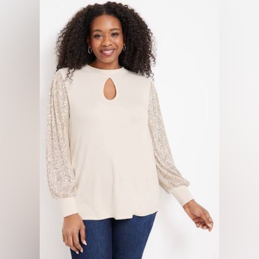 Gold/Silver Sequin &  Beige Fabric long balloon sleeved top with keyhole front.